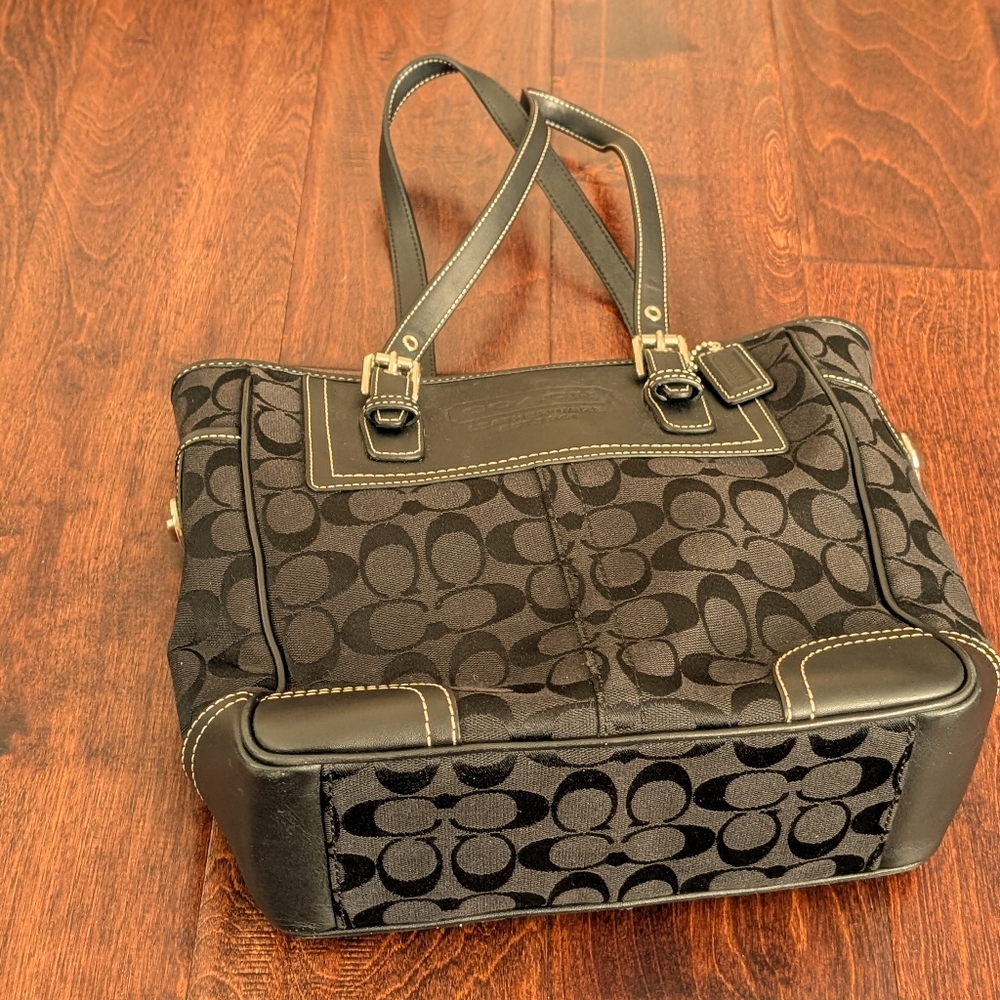 Coach Black signature Jacquard Leather Trim Tote Handbag .